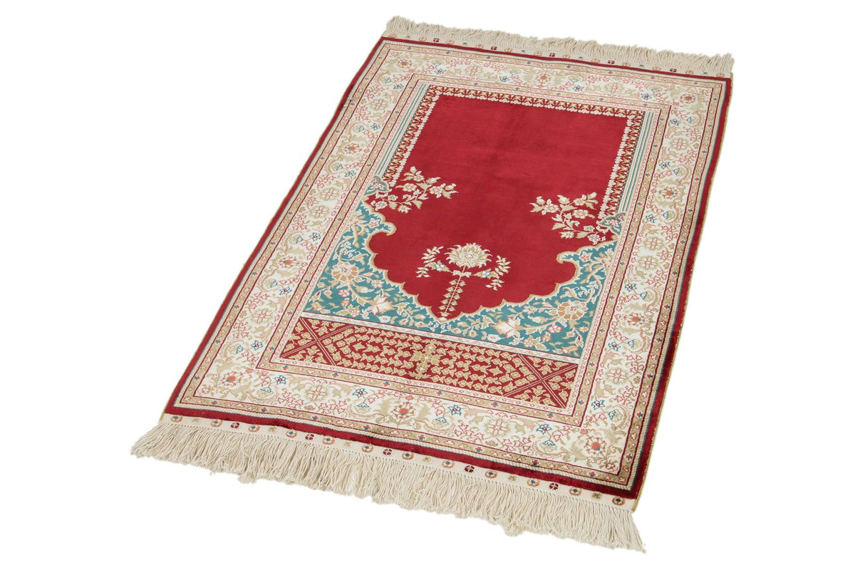 2x3 Red and Ivory Turkish Silk Rug