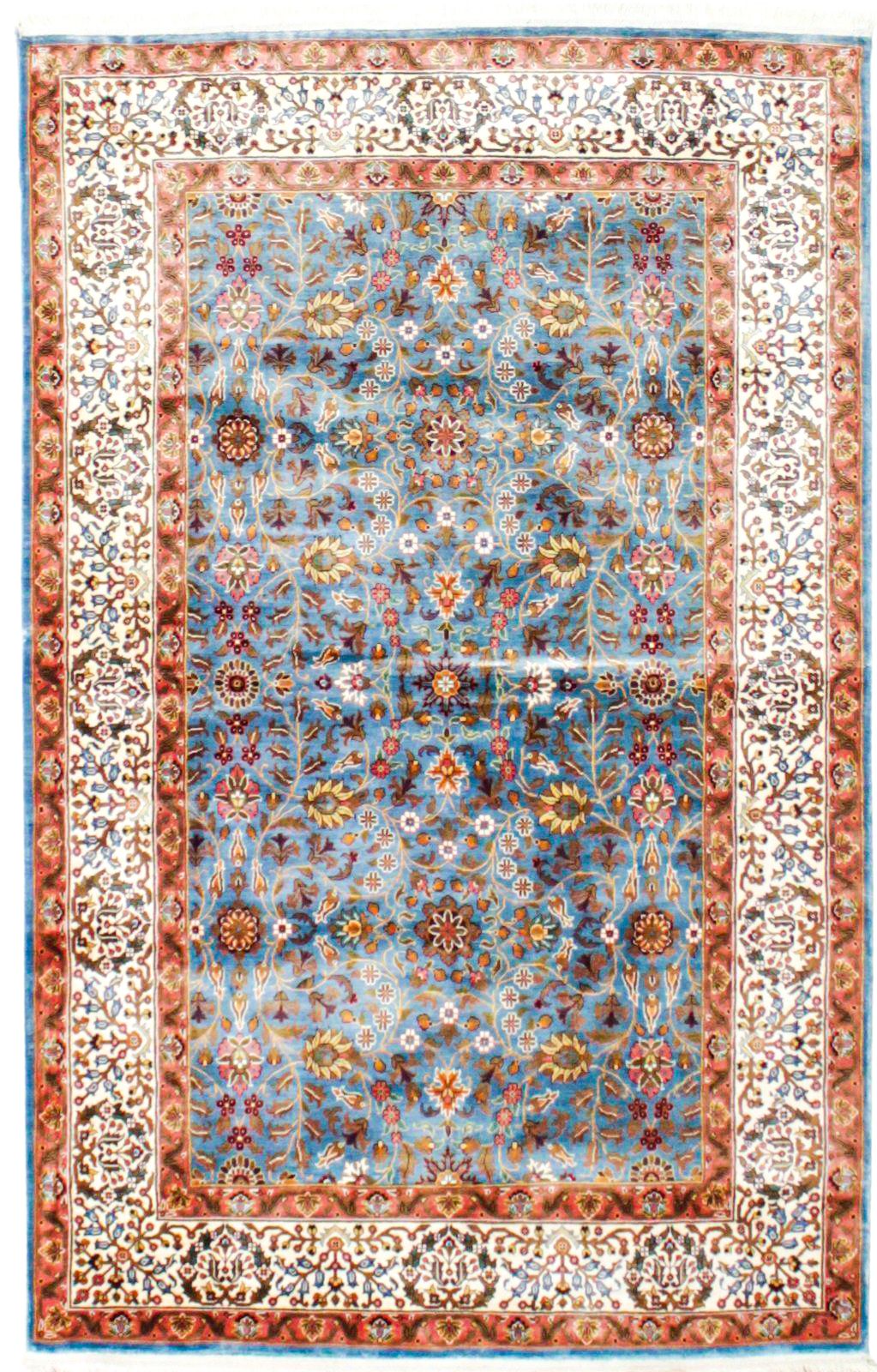 4x6 Blue and Ivory Turkish Silk Rug