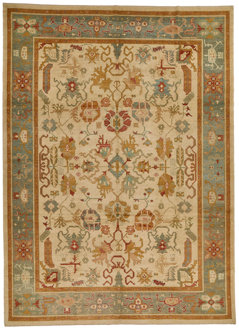 10x14 Ivory and Blue Turkish Oushak Rug