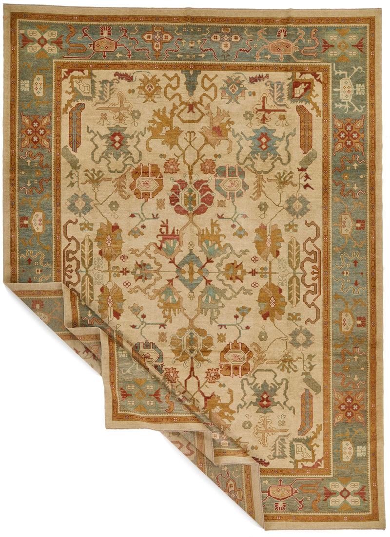 10x14 Ivory and Blue Turkish Oushak Rug