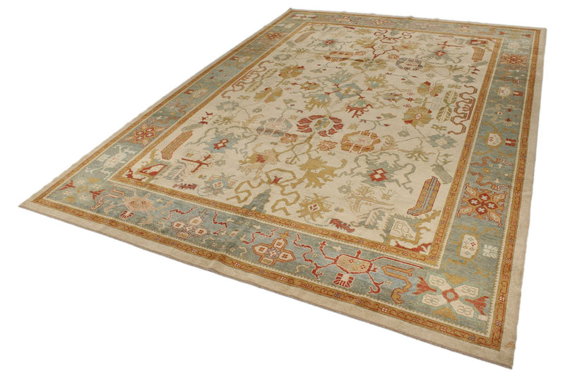 10x14 Ivory and Blue Turkish Oushak Rug