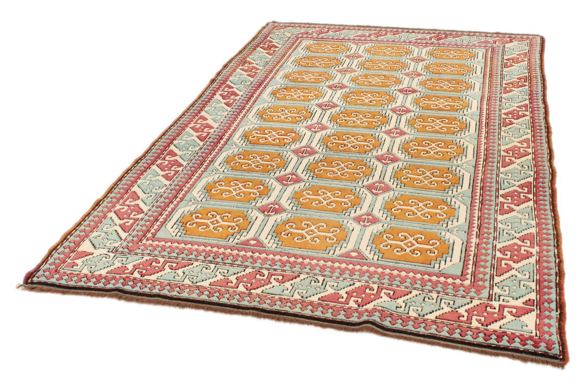 5x8 Orange and Blue Turkish Tribal Rug