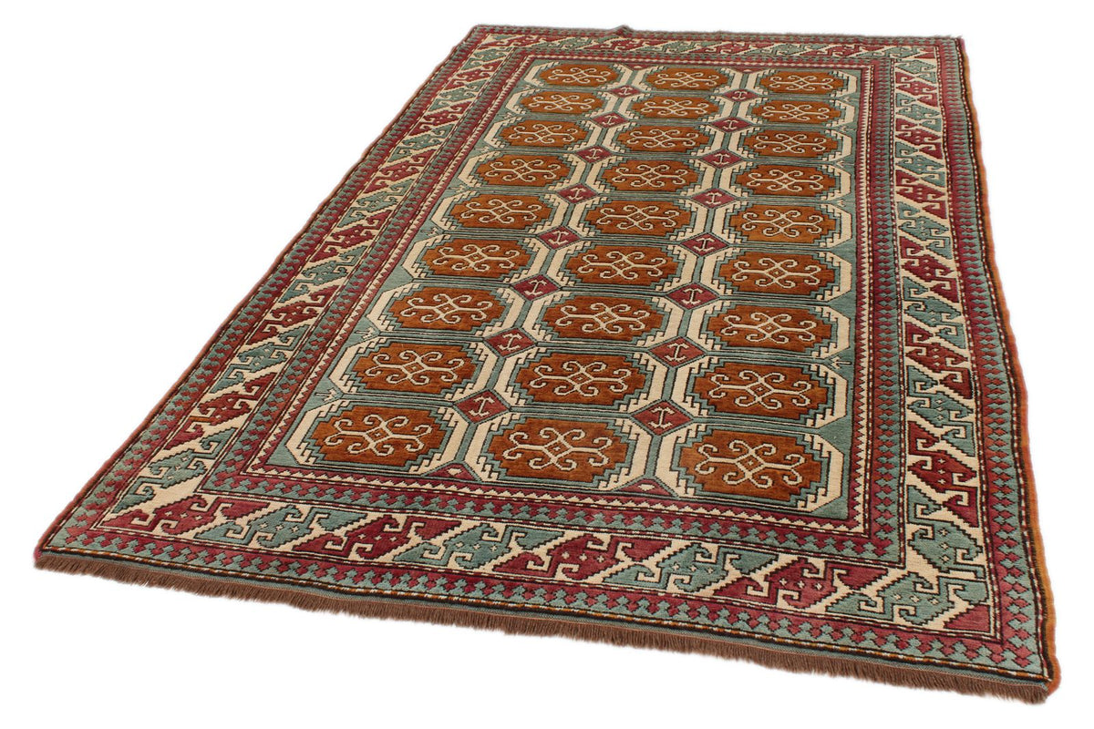 5x8 Orange and Blue Turkish Tribal Rug