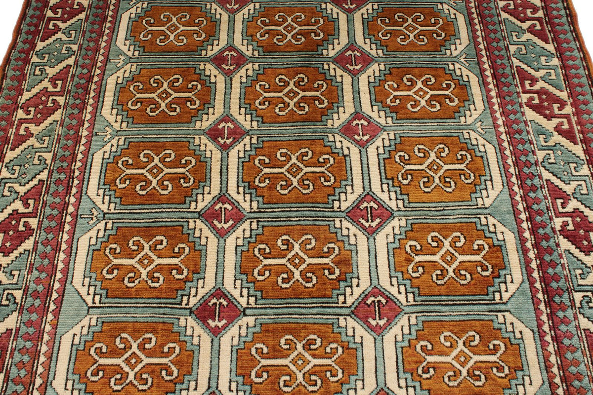 5x8 Orange and Blue Turkish Tribal Rug