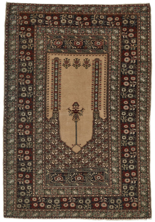 4x6 Ivory and Green Turkish Traditional Rug