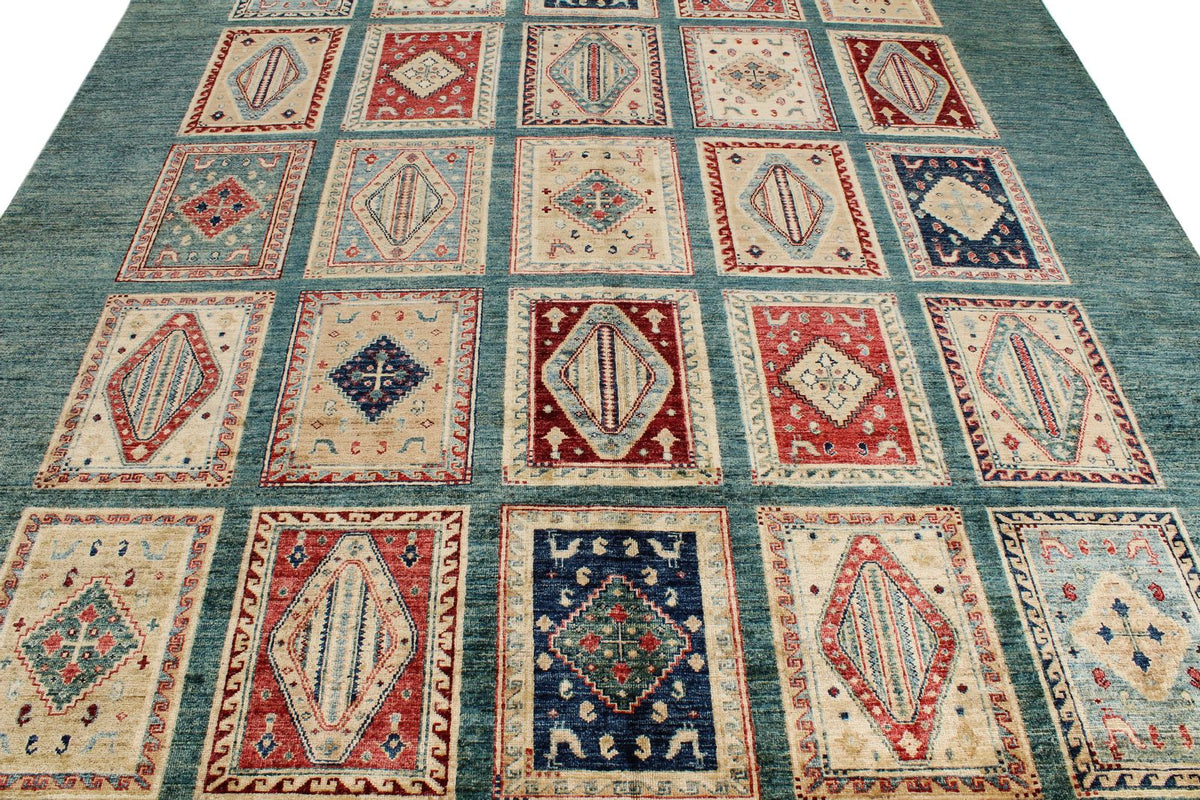 8x10 Green and Multicolor Kazak Tribal Rug