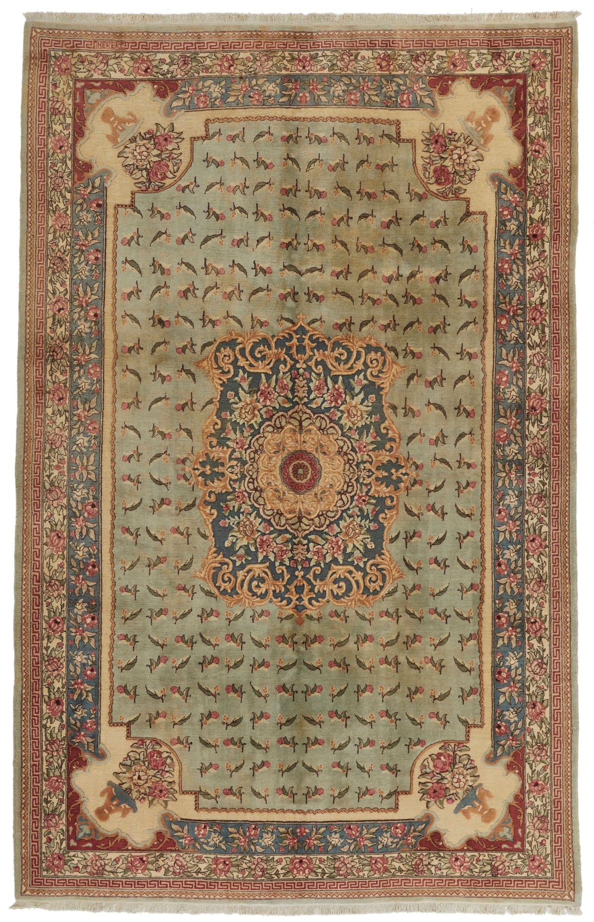 7x11 Blue and Ivory Turkish Silk Rug