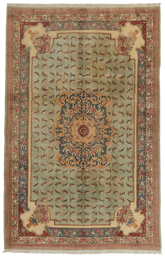 7x11 Blue and Ivory Turkish Silk Rug