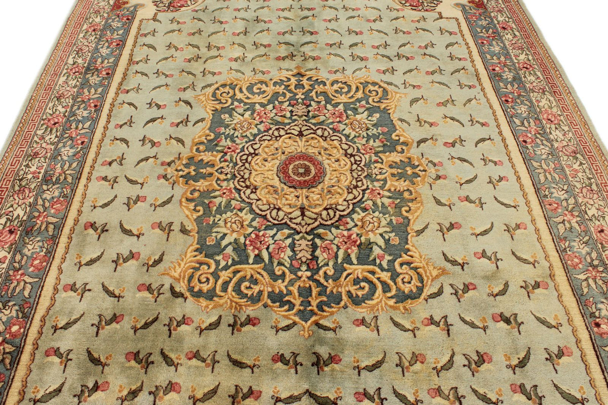 7x11 Blue and Ivory Turkish Silk Rug