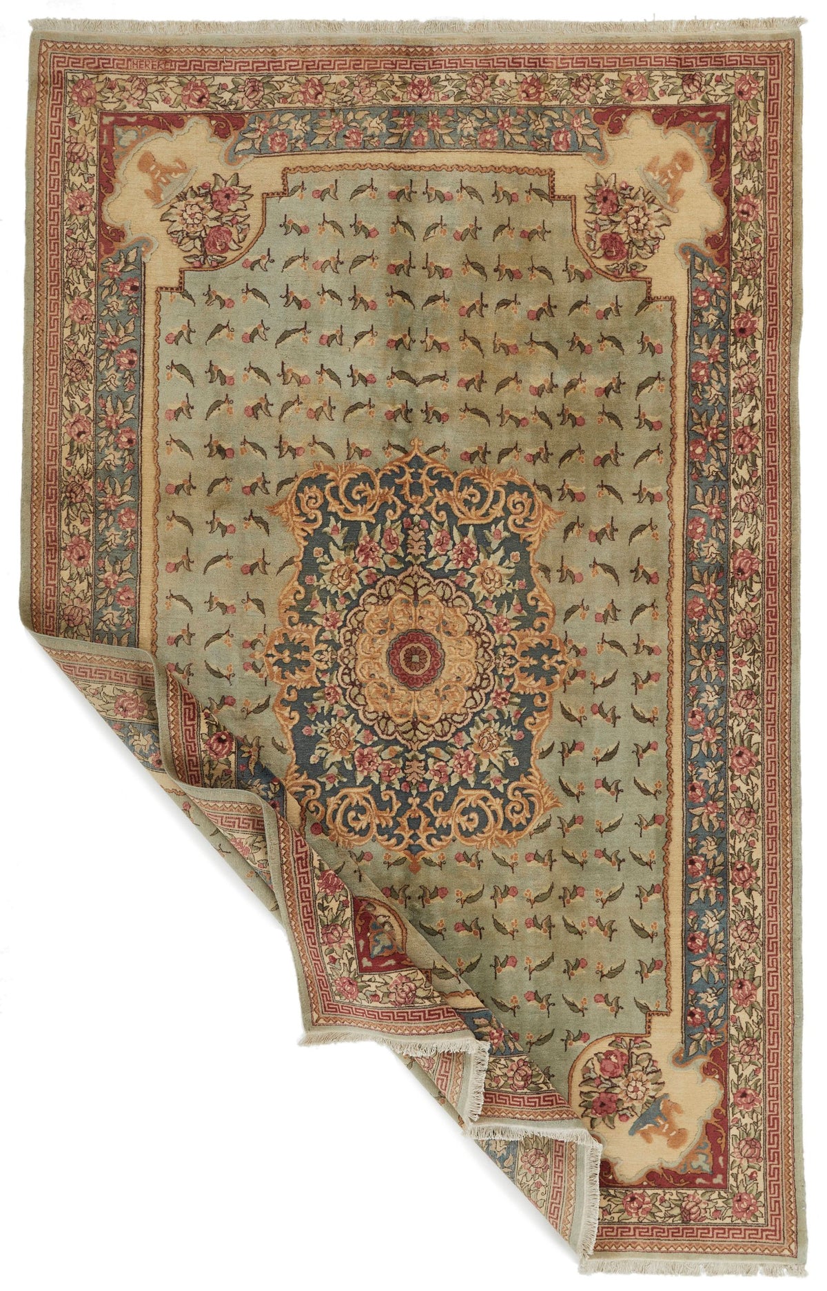 7x11 Blue and Ivory Turkish Silk Rug