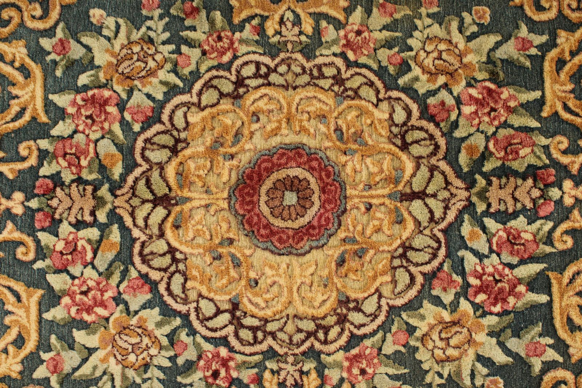 7x11 Blue and Ivory Turkish Silk Rug