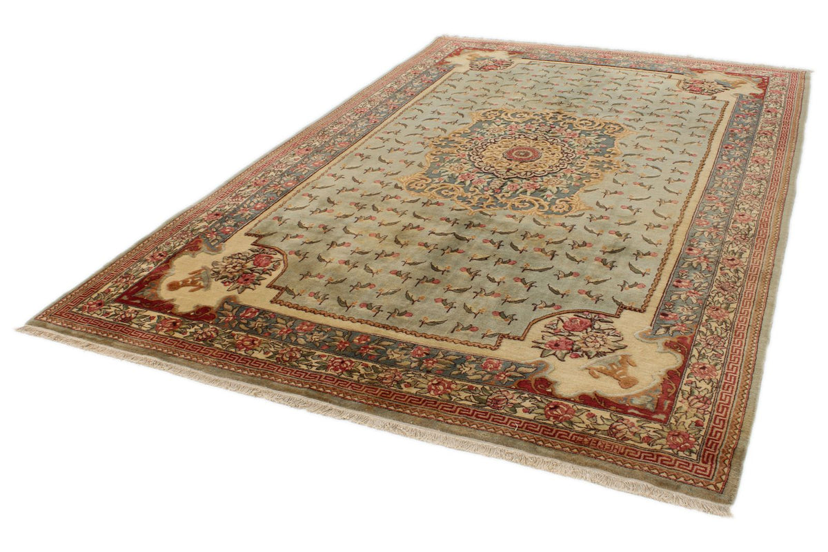 7x11 Blue and Ivory Turkish Silk Rug