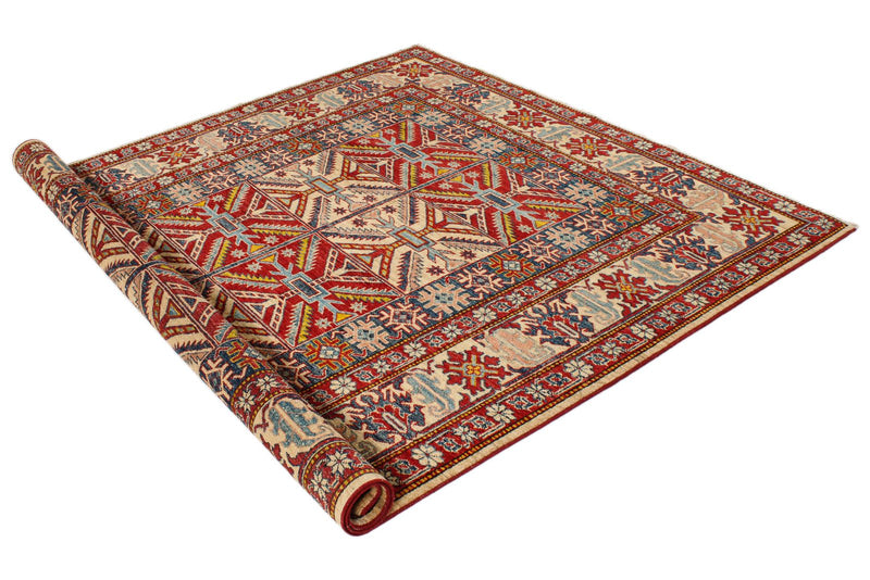 6x8 Red and Beige Kazak Tribal Rug