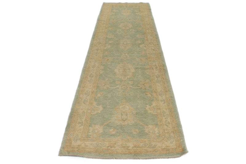 3x12 Green and Ivory Turkish Oushak Runner