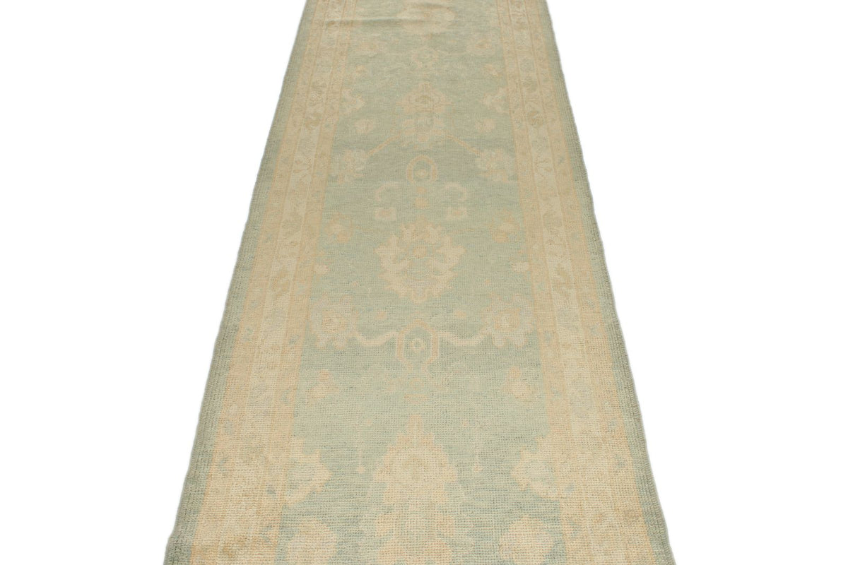 3x12 Green and Ivory Turkish Oushak Runner
