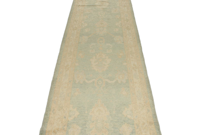 3x12 Green and Ivory Turkish Oushak Runner