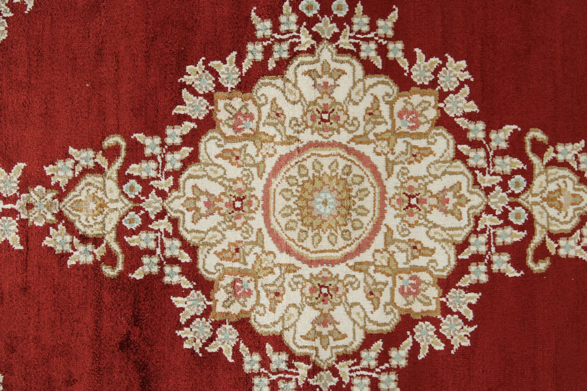 3x10 Red and Ivory Turkish Silk Rug