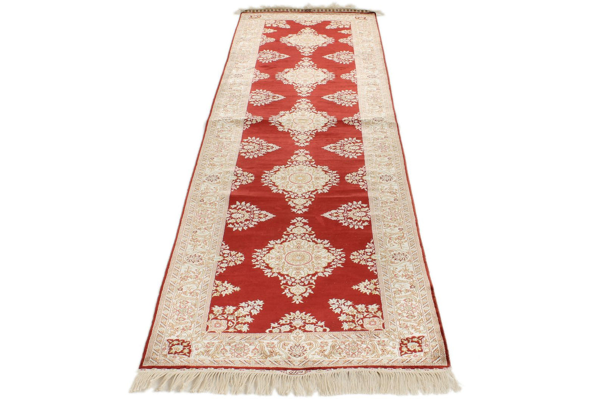 3x10 Red and Ivory Turkish Silk Rug