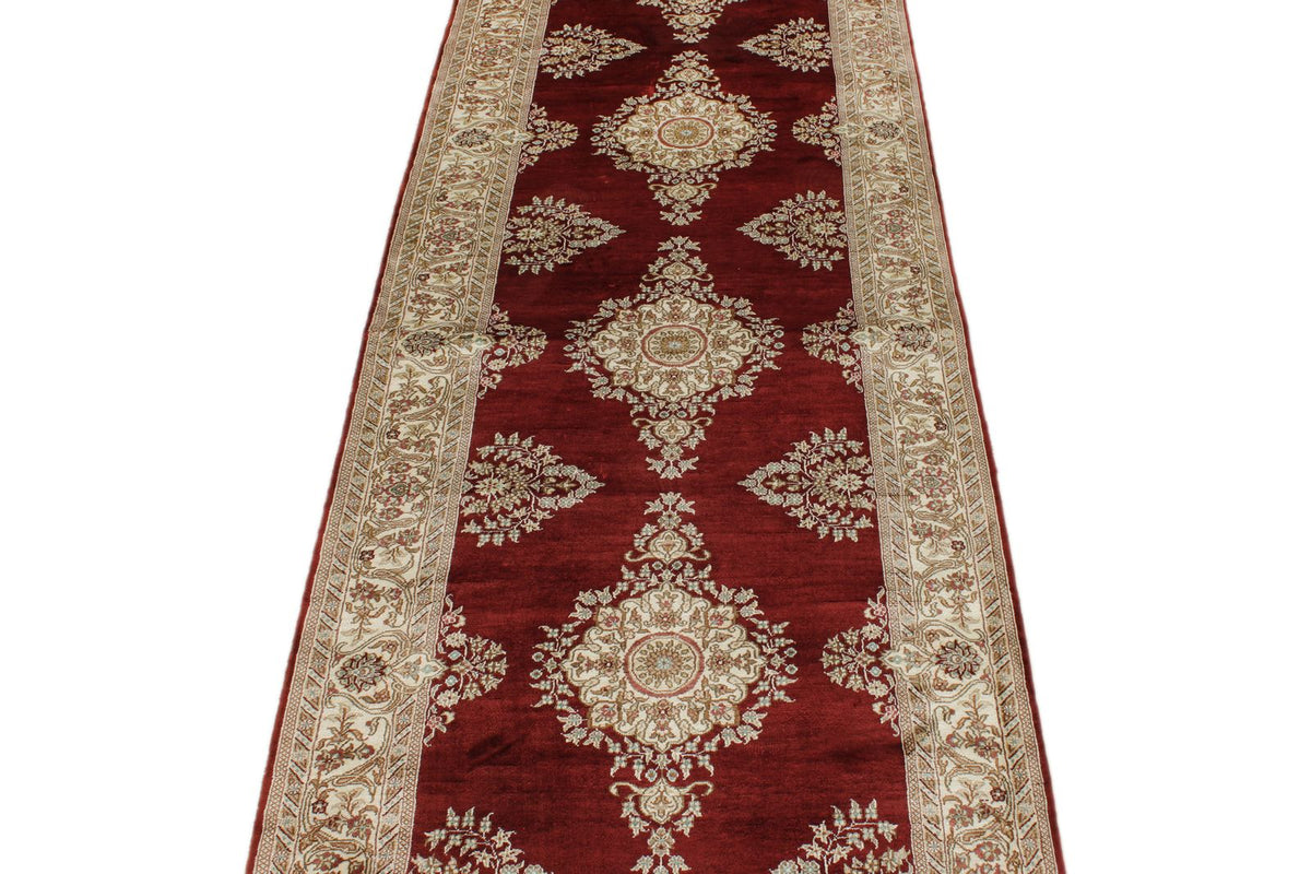 3x10 Red and Ivory Turkish Silk Rug