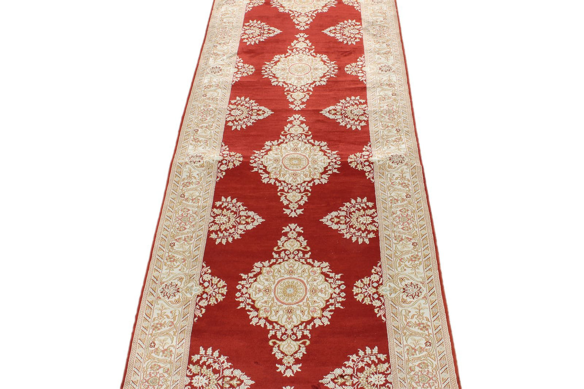 3x10 Red and Ivory Turkish Silk Rug
