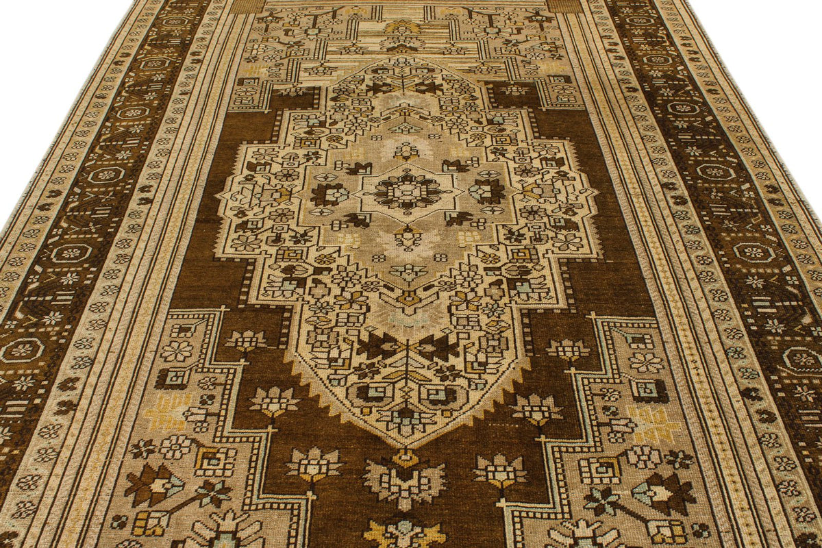 7x12 Ivory and Brown Turkish Tribal Rug