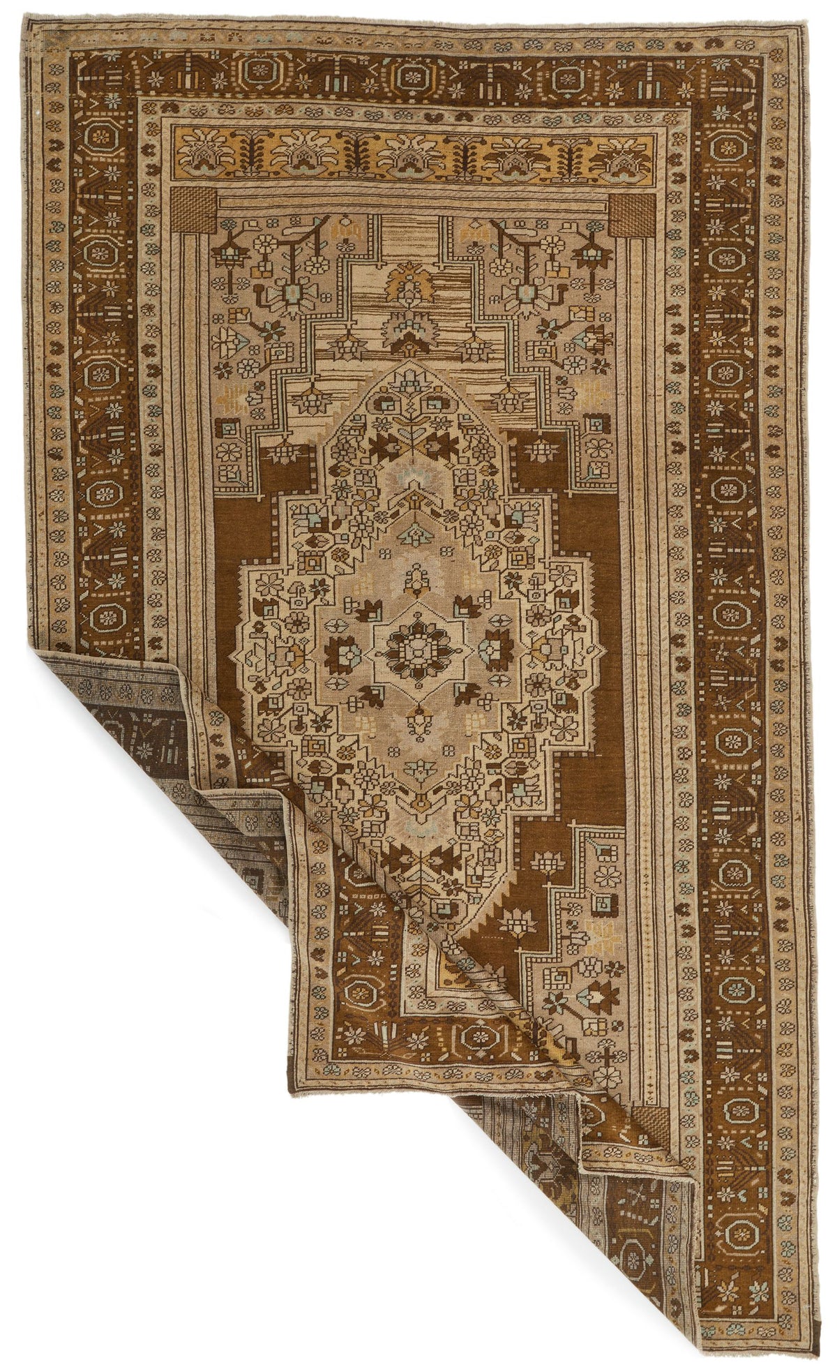 7x12 Ivory and Brown Turkish Tribal Rug