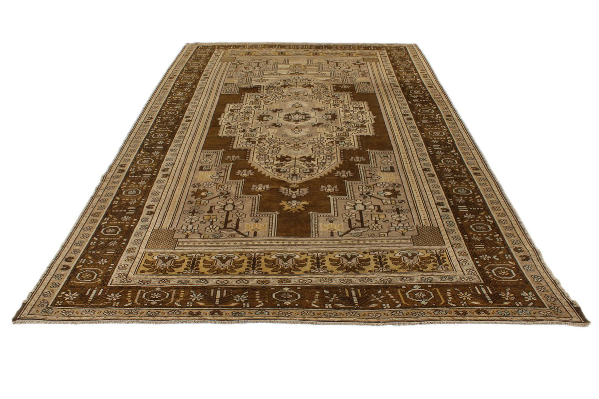7x12 Ivory and Brown Turkish Tribal Rug