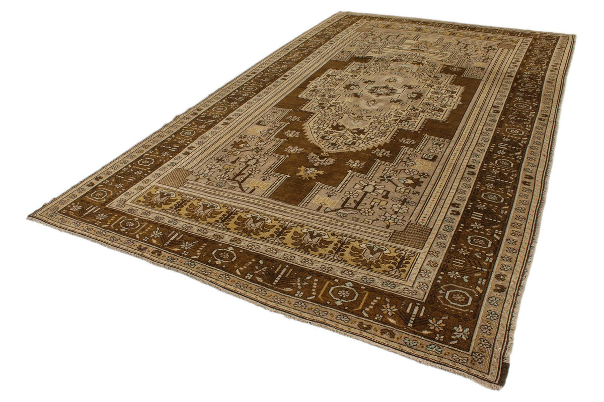 7x12 Ivory and Brown Turkish Tribal Rug