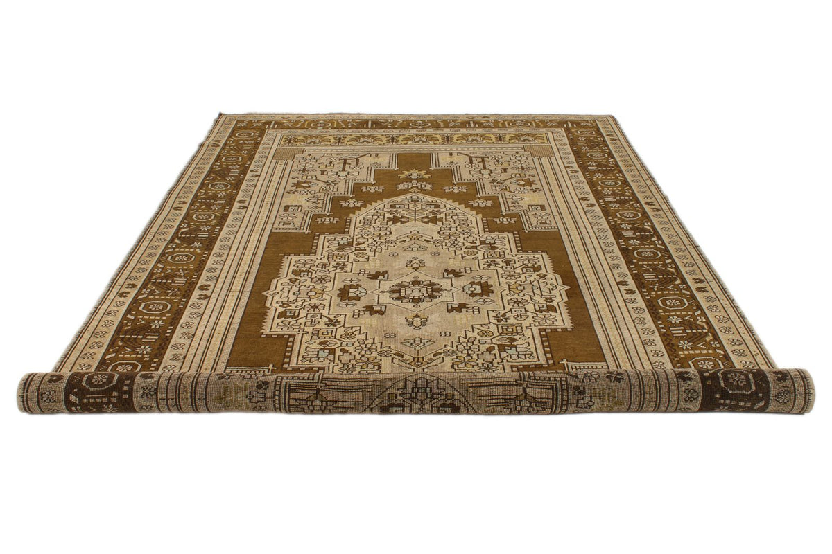 7x12 Ivory and Brown Turkish Tribal Rug