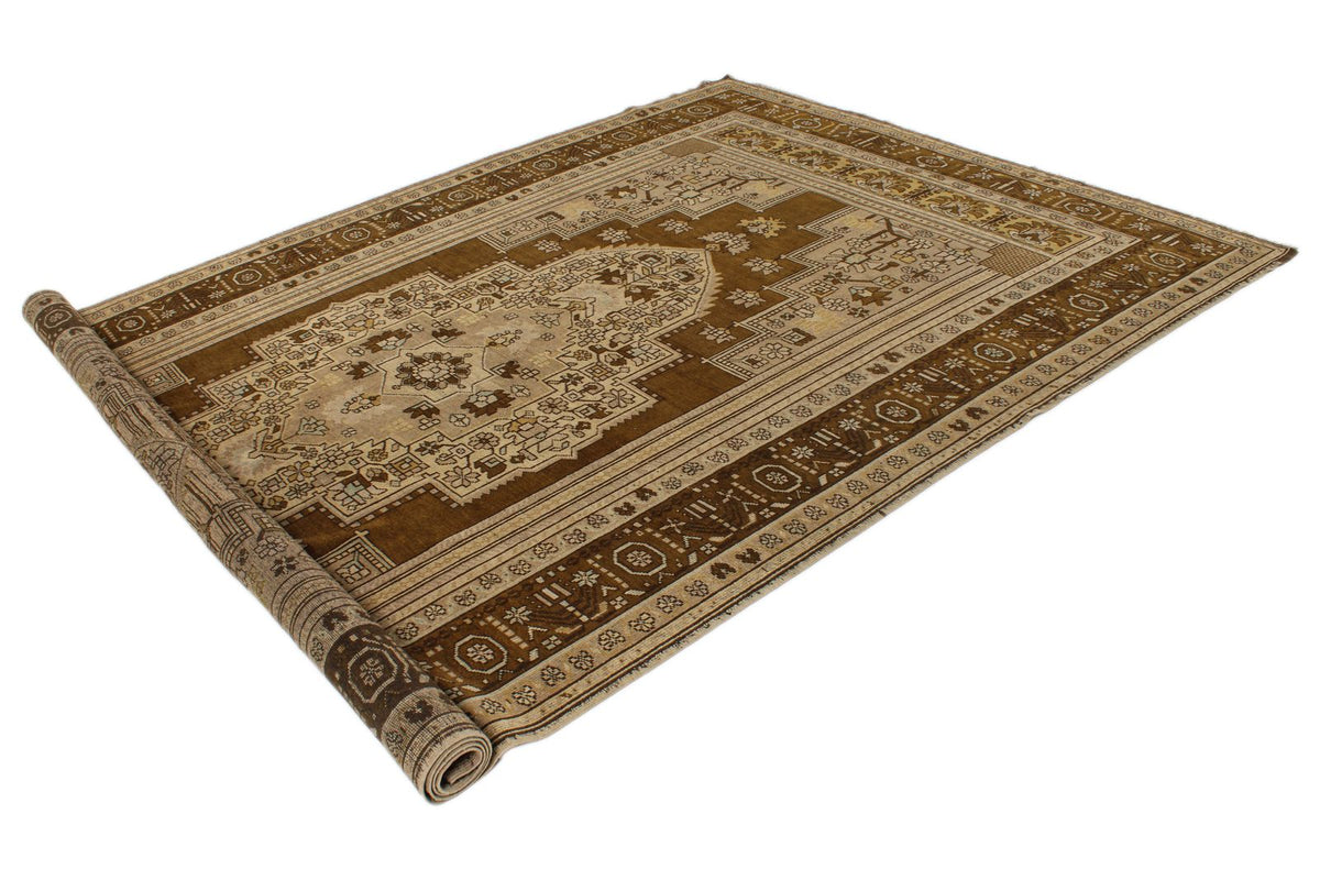7x12 Ivory and Brown Turkish Tribal Rug