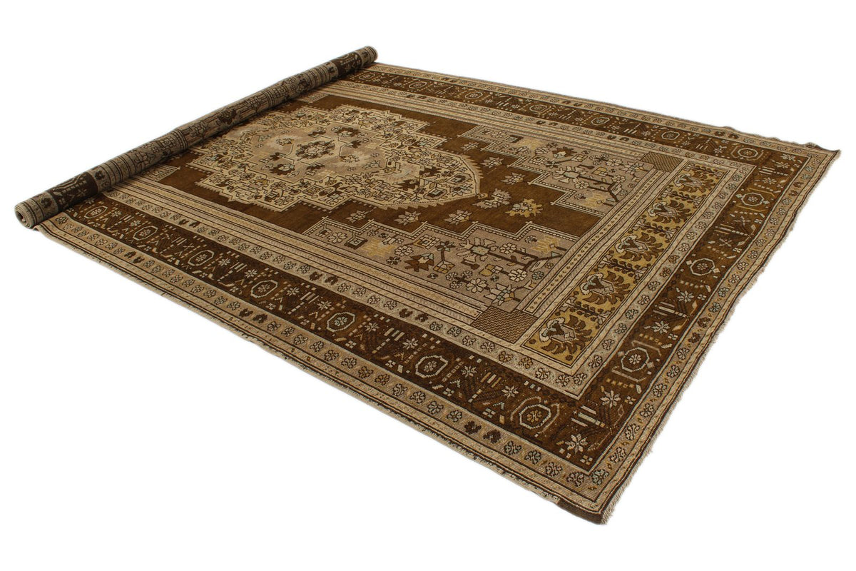 7x12 Ivory and Brown Turkish Tribal Rug