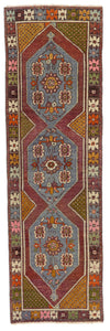 3x9 Blue and Multicolor Turkish Tribal Rug