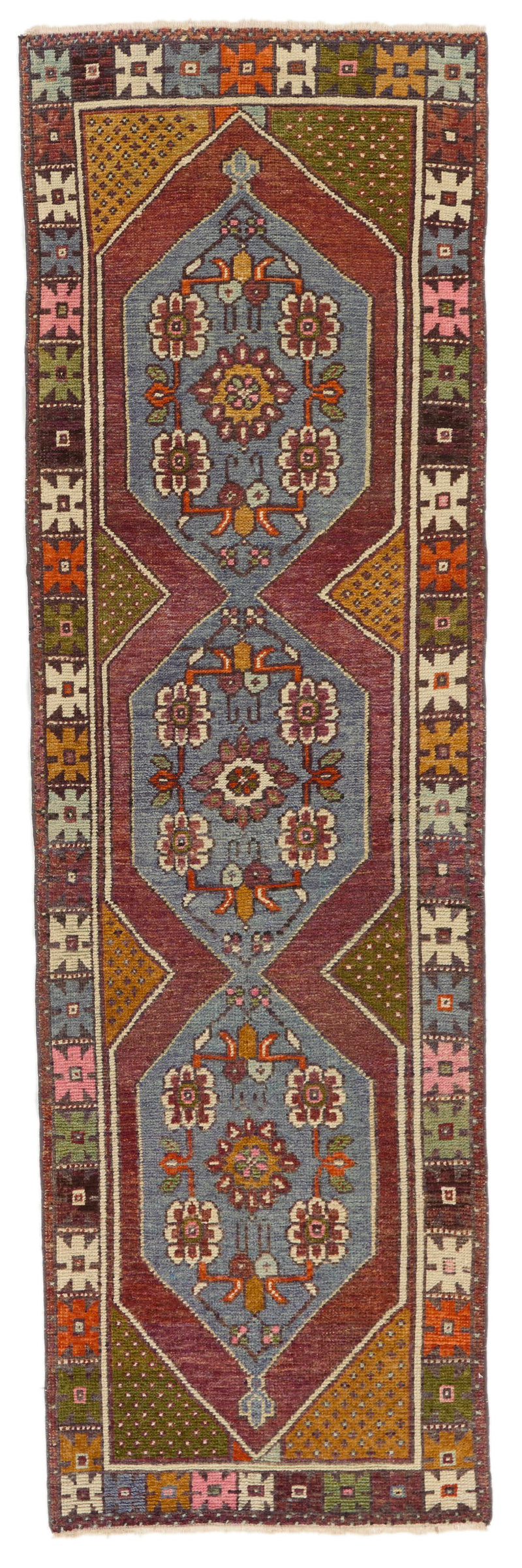 3x9 Blue and Multicolor Turkish Tribal Rug