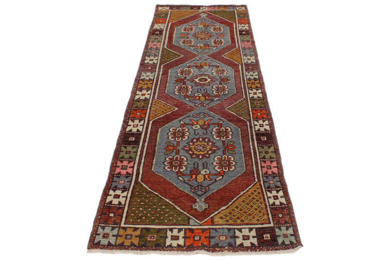 3x9 Blue and Multicolor Turkish Tribal Rug