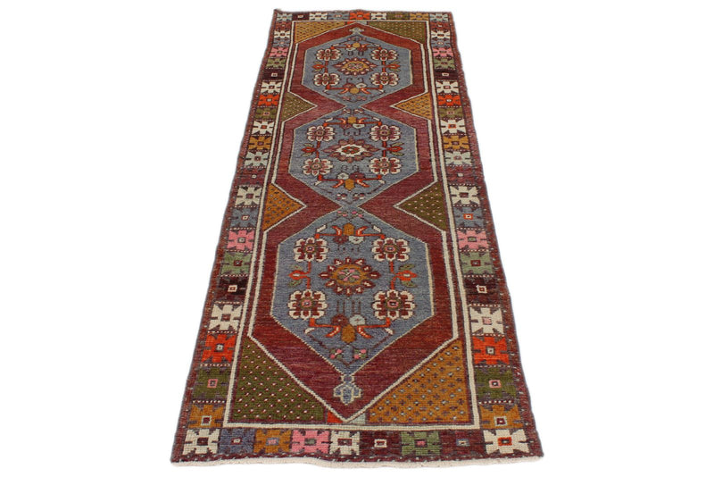 3x9 Blue and Multicolor Turkish Tribal Rug