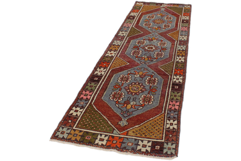 3x9 Blue and Multicolor Turkish Tribal Rug