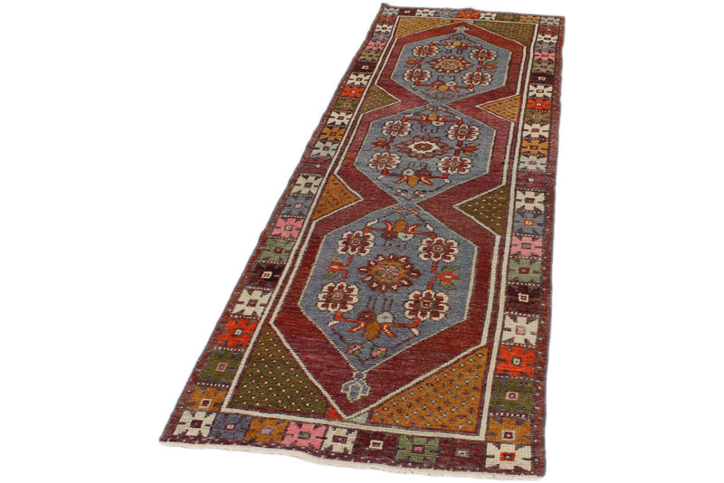 3x9 Blue and Multicolor Turkish Tribal Rug