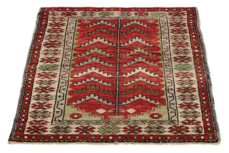 3x4 Red and Ivory Turkish Tribal Rug
