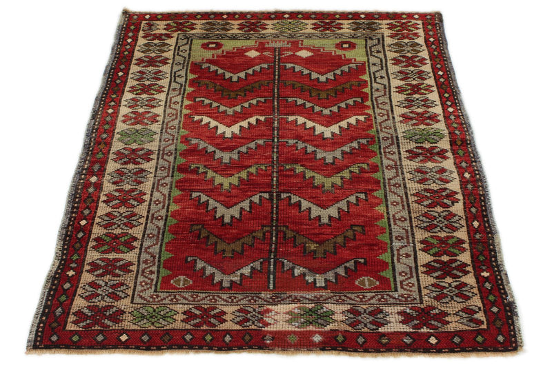 3x4 Red and Ivory Turkish Tribal Rug