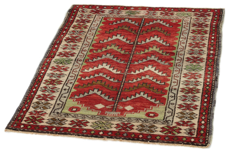 3x4 Red and Ivory Turkish Tribal Rug