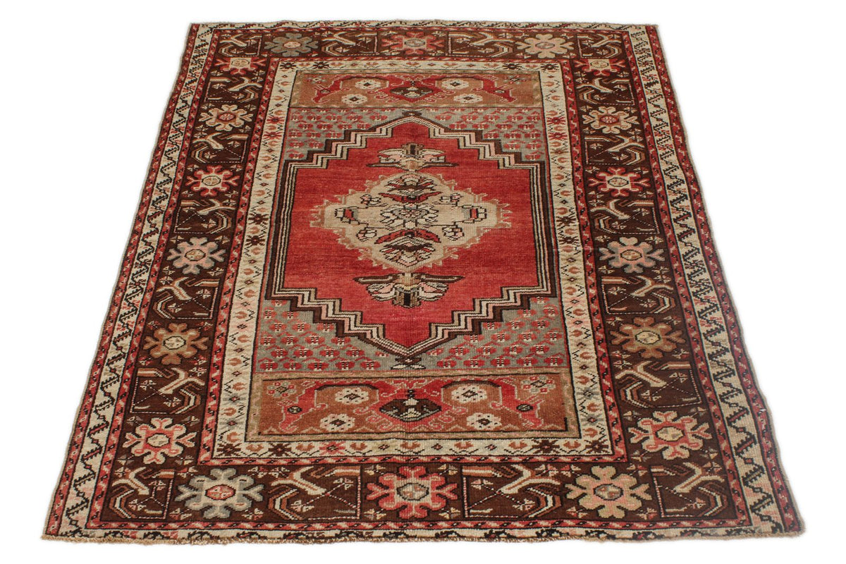 4x5 Red and Brown Turkish Tribal Rug