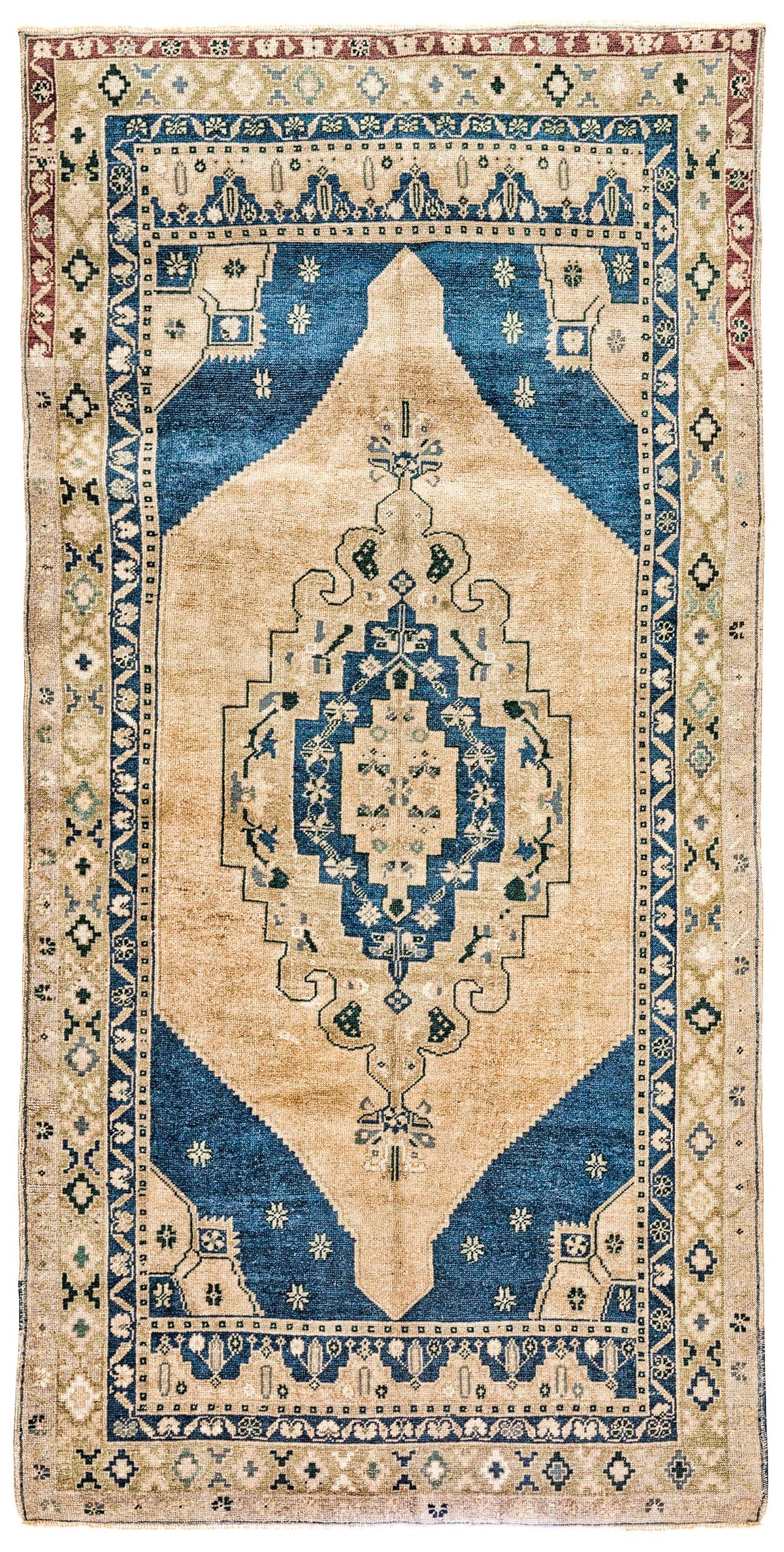 5x9 Ivory and Blue Turkish Tribal Rug