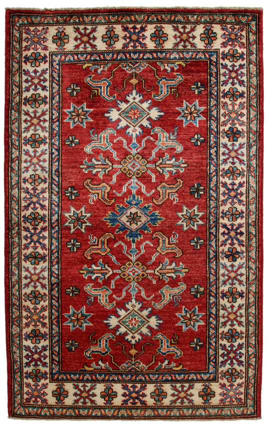 3x4 Red and Ivory Kazak Tribal Rug
