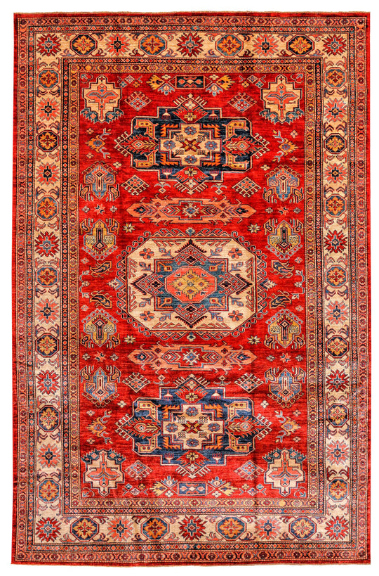 7x10 Red and Ivory Kazak Tribal Rug