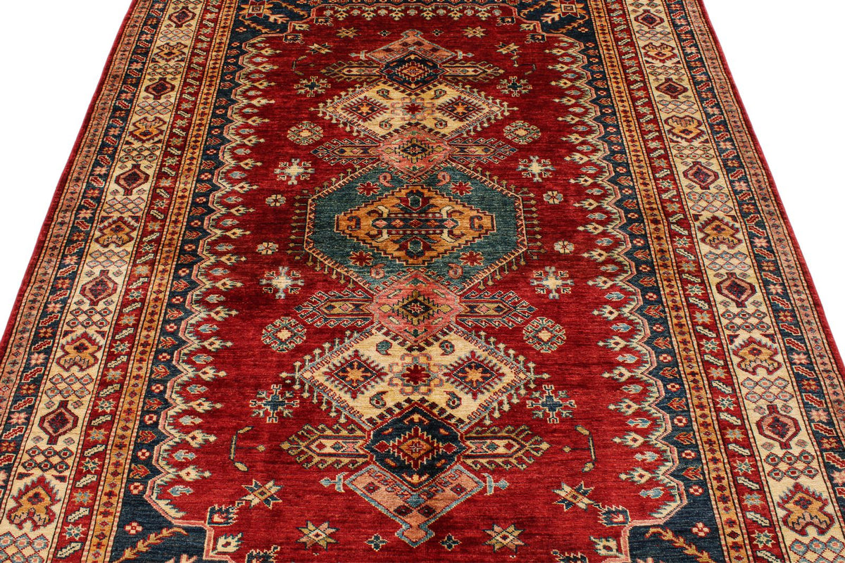 6x8 Red and Ivory Kazak Tribal Rug