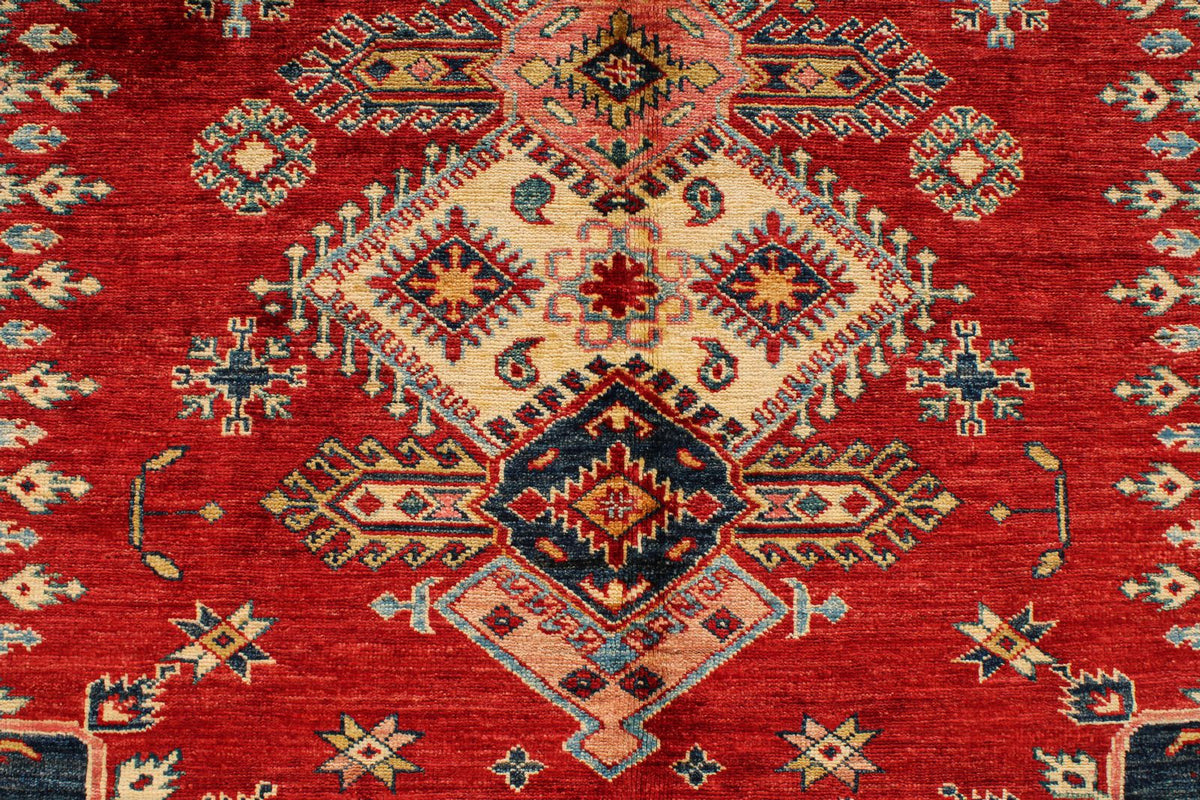 6x8 Red and Ivory Kazak Tribal Rug
