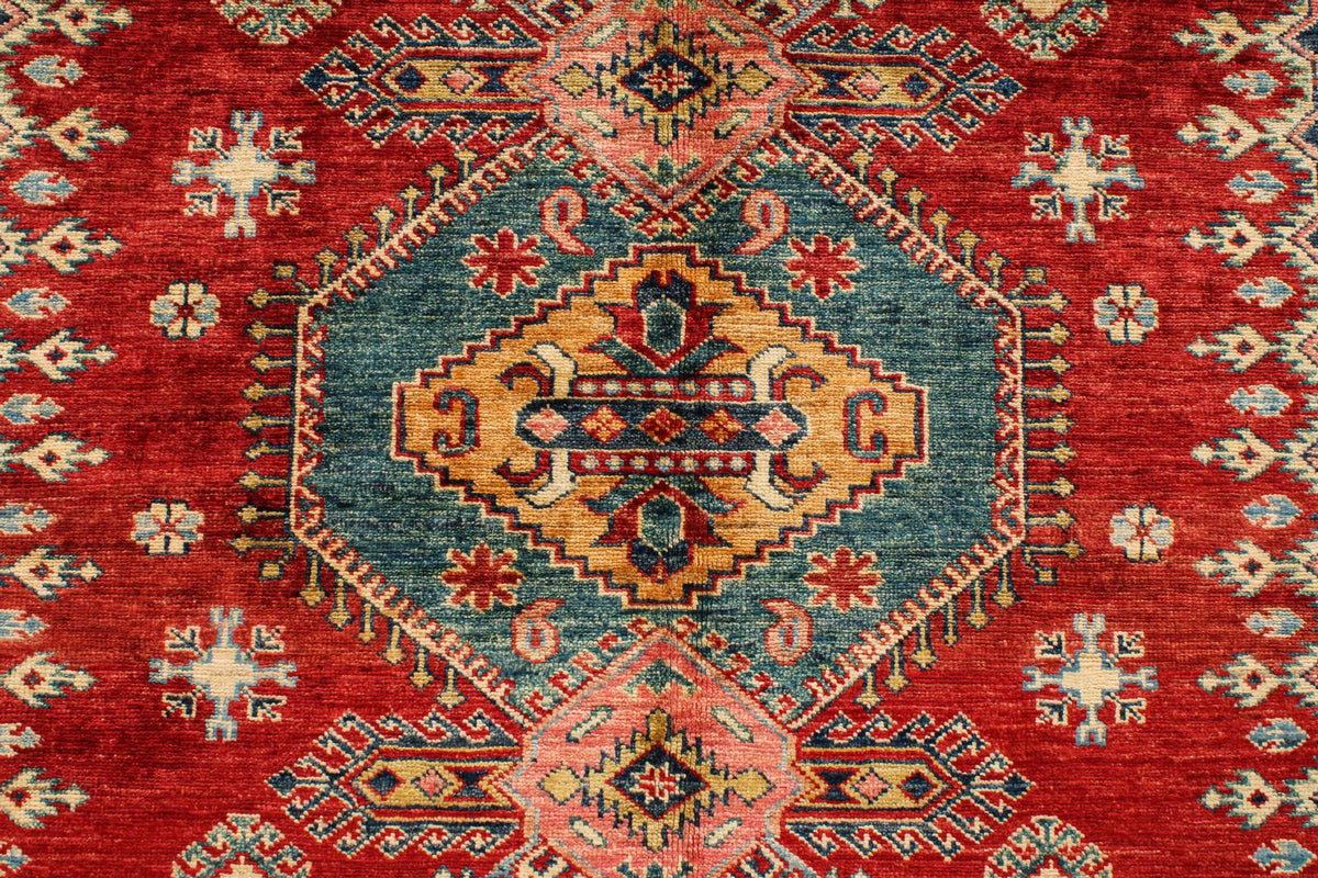 6x8 Red and Ivory Kazak Tribal Rug