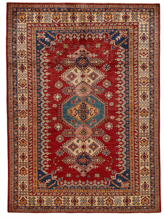 6x8 Red and Ivory Kazak Tribal Rug