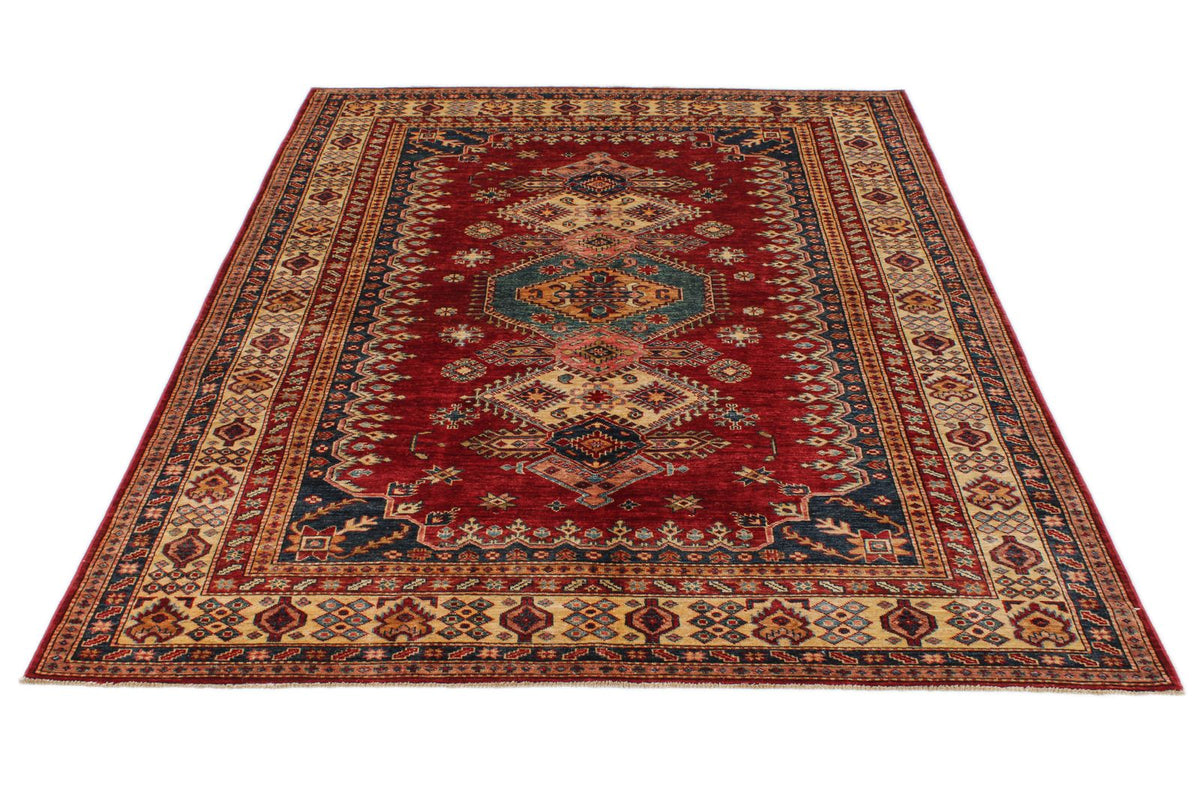 6x8 Red and Ivory Kazak Tribal Rug