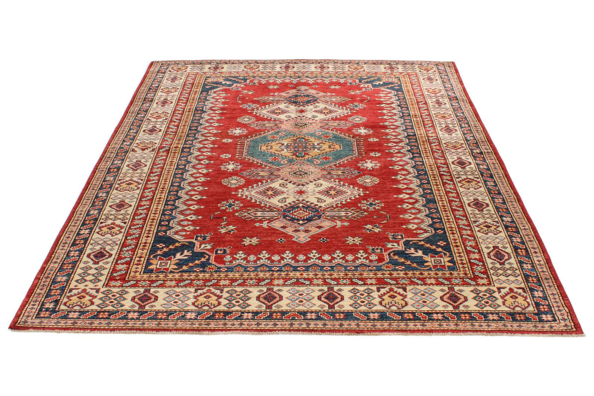 6x8 Red and Ivory Kazak Tribal Rug